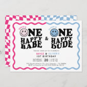 ツインガールボーイワンハッピーバーベ&デュード1歳の誕生日 招待状 (正面/裏面)