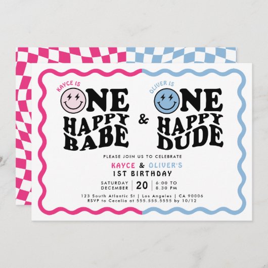 ツインガールボーイワンハッピーバーベ&デュード1歳の誕生日 招待状 (正面/裏面)