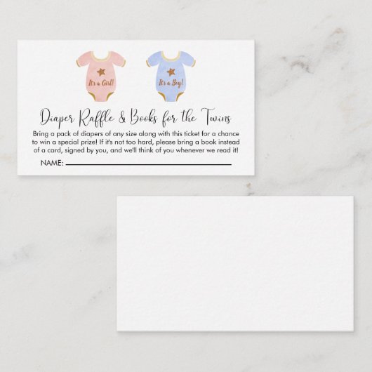 ツインガールボーイ赤ちゃんシャワーおむつラッフルブック エンクロージャーカード (正面/裏面)