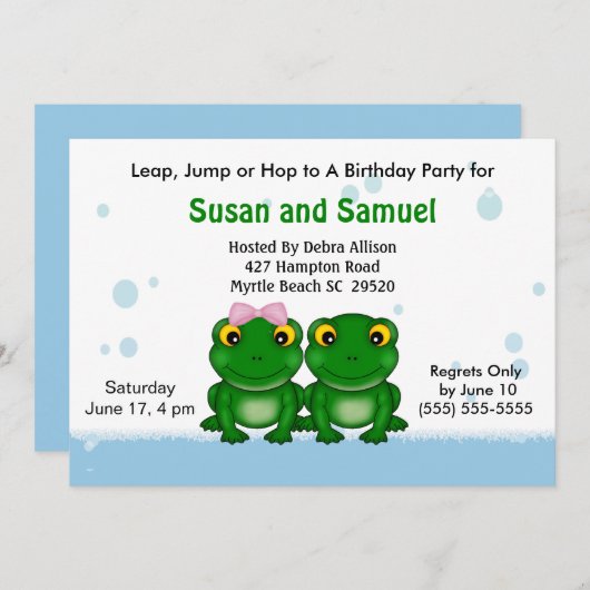 ツインガールボーイ(カエル)バースデーパーティ招待状 招待状 (正面/裏面)
