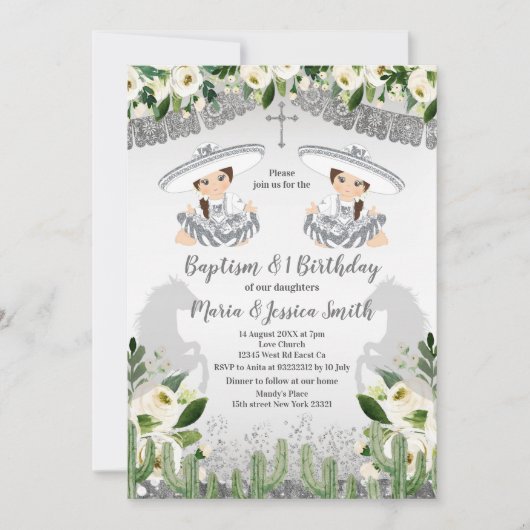ツインガールメキシコ銀洗礼と誕生日 招待状 (正面)