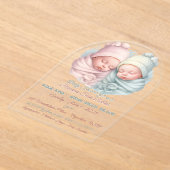 ツインガール大切と少年のベビーのためのベビーシャワー アクリル招待状 (レイダウン)