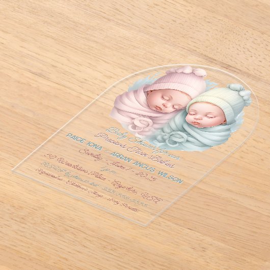 ツインガール大切と少年のベビーのためのベビーシャワー アクリル招待状 (レイダウン)