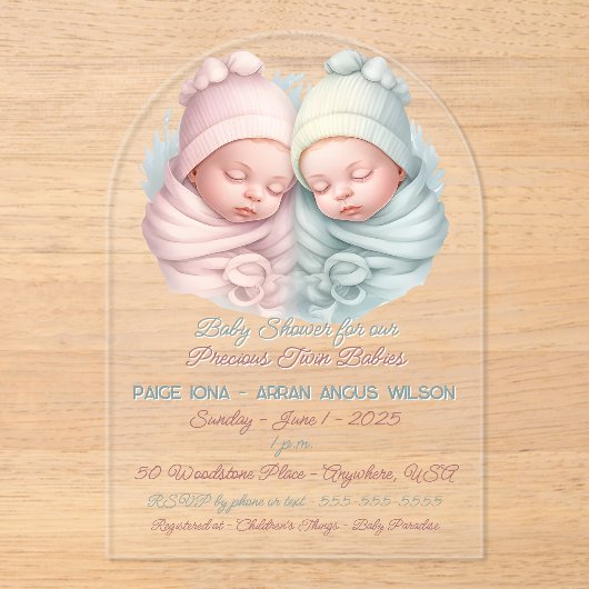 ツインガール大切と少年のベビーのためのベビーシャワー アクリル招待状 (正面)