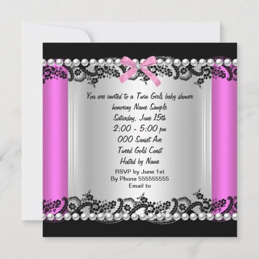 ツインガール赤ちゃんシャワー熱いピンクかわいい赤ちゃん女の子 招待状 (裏面)