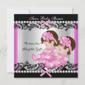 ツインガール赤ちゃんシャワー熱いピンクかわいい赤ちゃん女の子 招待状 (正面)