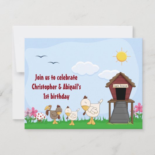 ツインガール&ボーイシックス1st誕生日招待状 招待状 (正面)