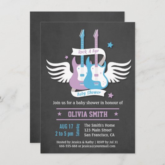 ツインギターのロックアンドロールがバイベイビーシャワーをロック 招待状 (正面/裏面)