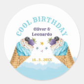 ツインクールアイスクリームボーイズ誕生日紙プレート ラウンドシール (正面)