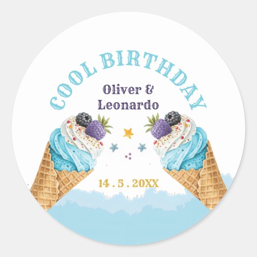 ツインクールアイスクリームボーイズ誕生日紙プレート ラウンドシール (正面)