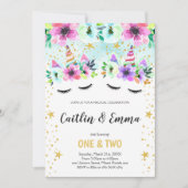 ツイングリーンフローラユニコーン誕生日招待状 招待状 (正面)