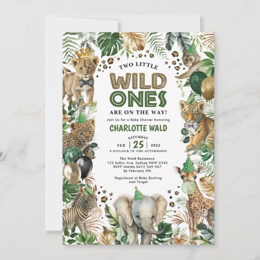 ツインサファリパーティー動物ワイルドワン赤ちゃんシャワー 招待状 (正面)