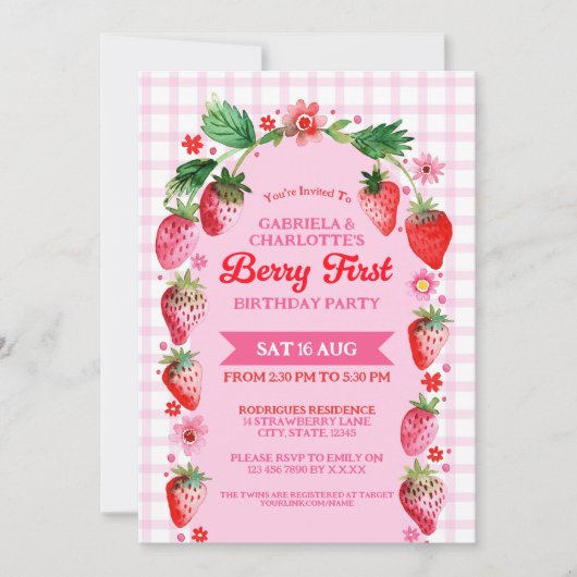 ツインシスターズジョイントベリーファースト誕生日写真 招待状 (正面)