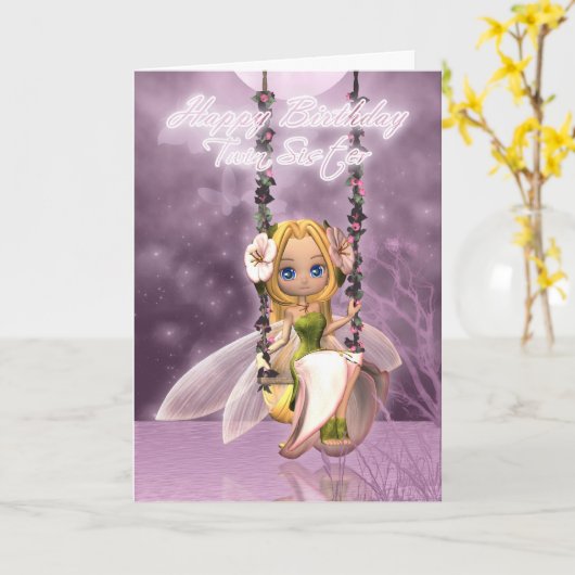 ツインシスターハッピーバースデーかわいい妖精on flower sw カード (黄色い花)