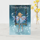 ツインシスターハッピーバースデーのかわいい妖精がスイング中 カード (黄色い花)