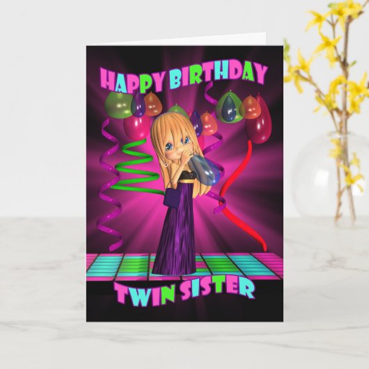 ツインシスターハッピーバースデーウィズキュートリトルかわいこちゃん カード (黄色い花)