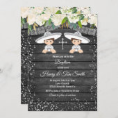 ツインシルバーグリッターフィエスタボーイバプテスマ 招待状 (正面/裏面)