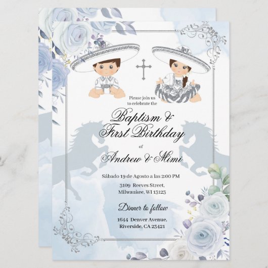 ツインシルバーバプティスマと誕生日メキシコ 招待状 (正面/裏面)