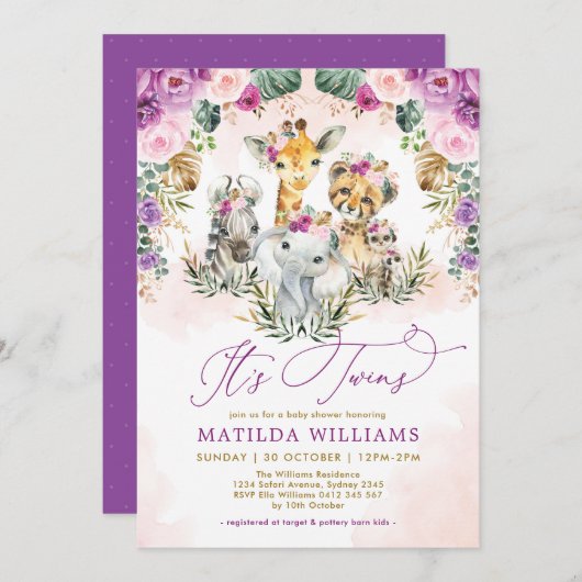 ツインジャングルサファリアニマルボホガールベビーシャワー 招待状 (正面/裏面)