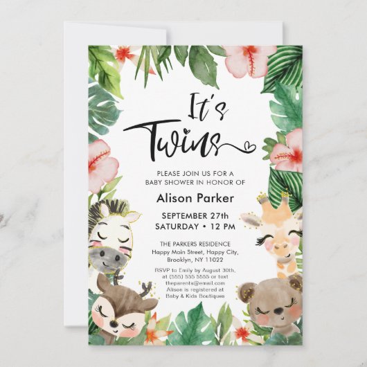 ツインジャングルサファリ熱帯緑のベビーシャワー 招待状 (正面)