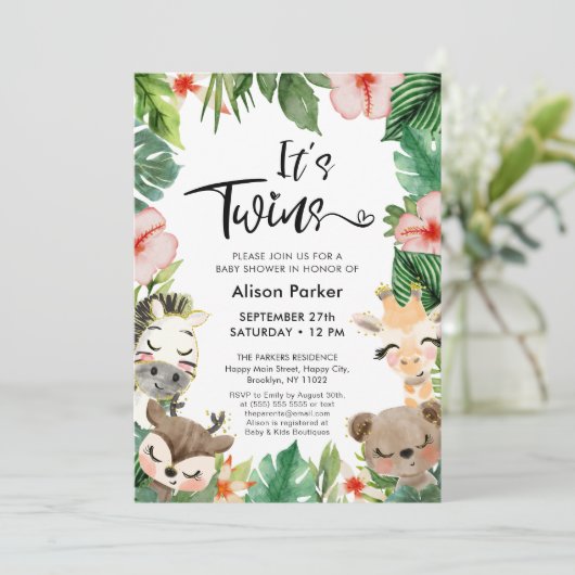 ツインジャングルサファリ熱帯緑のベビーシャワー 招待状 (スタンド正面)