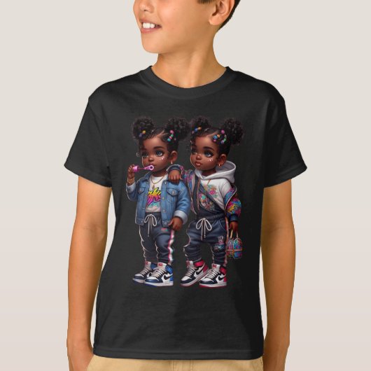 ツインスターズ輝くブラックガールパワー Tシャツ (正面)