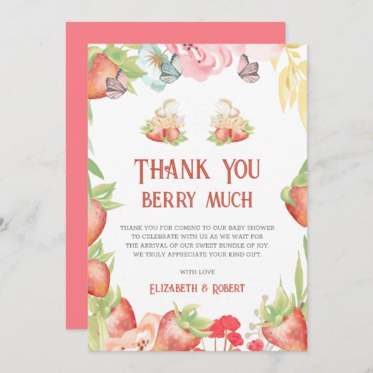 ツインストロベリーベリースイートベビーシャワーありがとう サンキューカード (正面/裏面)