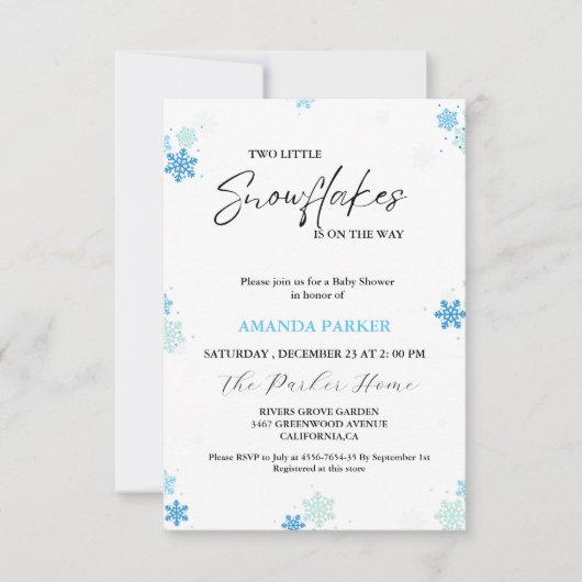 ツインスノーフレーク赤ちゃんシャワー冬の赤ちゃんシャワー 招待状 (正面)