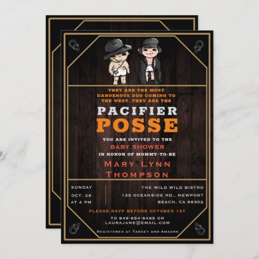 ツインズおもしろいおしゃぶりポーズワイルドウエストベイビーシャワー 招待状 (正面/裏面)