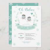 ツインズかわいいフクロウ男女兼用ズ冬のバビシャワー 招待状 (正面/裏面)