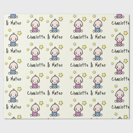 ツインズだ！ピンク&ブルーのカスタマイズ可能なツインベビー ラッピングペーパー (シーム)