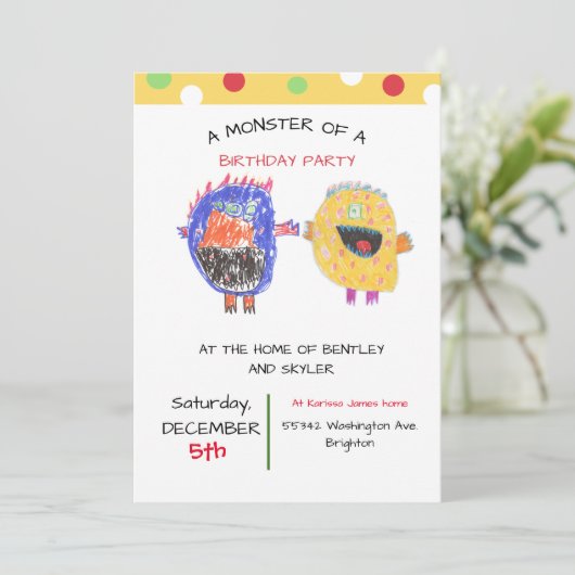 ツインズまたは兄弟姉妹招待状モンスターバースデーパーティー 招待状 (スタンド正面)