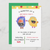 ツインズまたは兄弟姉妹招待状モンスターバースデーパーティー 招待状 (正面/裏面)