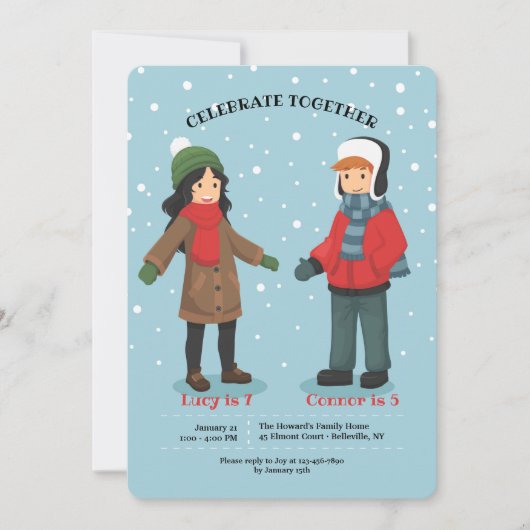 ツインズまたは合同冬の誕生日招待状 招待状 (正面)