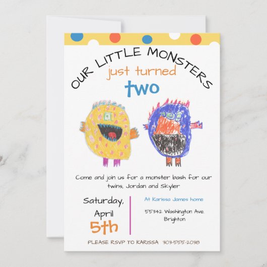 ツインズアニュエージイエローモンスター誕生日招待状 招待状 (正面)