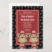 ツインズウェスタン女性のカーボーイモンキー5x7誕生日 招待状 (正面/裏面)