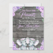 ツインズエレファントベビーシャワー招待状素朴な紫 招待状 (正面)