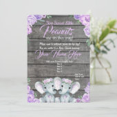 ツインズエレファントベビーシャワー招待状素朴な紫 招待状 (スタンド正面)
