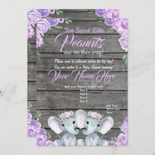 ツインズエレファントベビーシャワー招待状素朴な紫 招待状 (正面/裏面)