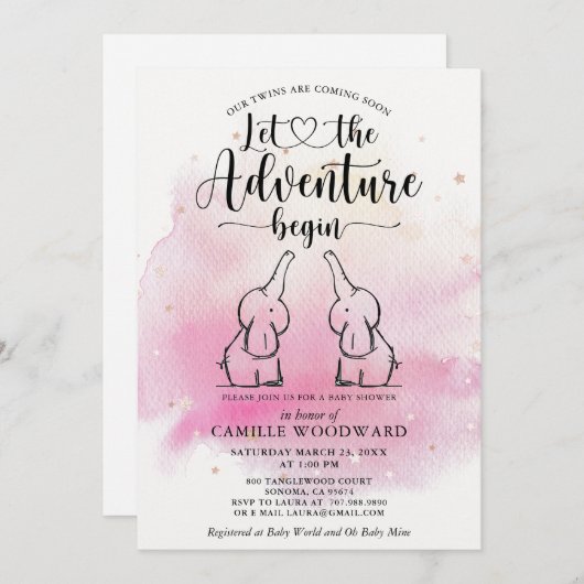 ツインズエレファントベビージャーナー招待状 招待状 (正面/裏面)