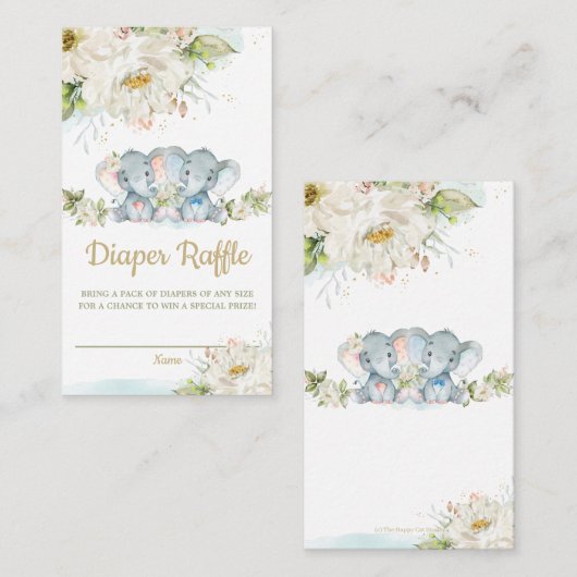 ツインズエレファントボーイ女の子ベビーシャワーおむつラッフル エンクロージャーカード (正面/裏面)