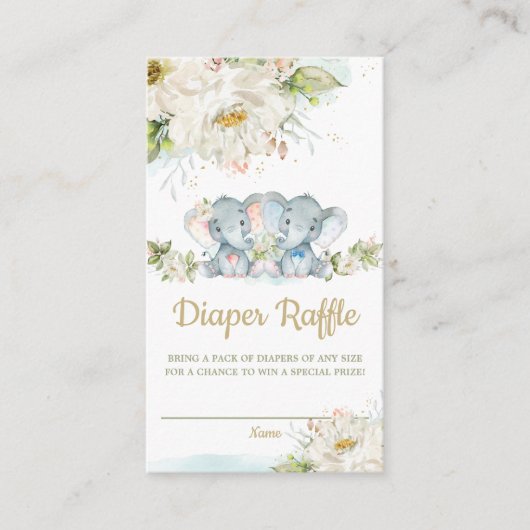 ツインズエレファントボーイ女の子ベビーシャワーおむつラッフル エンクロージャーカード (正面)