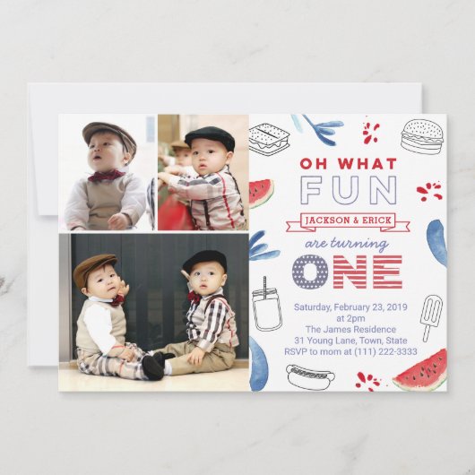 ツインズオールアメリカン1歳の誕生日の複数の写真 招待状 (正面)