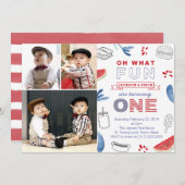 ツインズオールアメリカン1歳の誕生日の複数の写真 招待状 (正面/裏面)