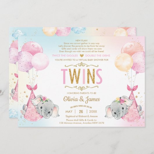 ツインズガールズエレファントバーチャル赤ちゃんシャワーbyメール 招待状 (正面/裏面)