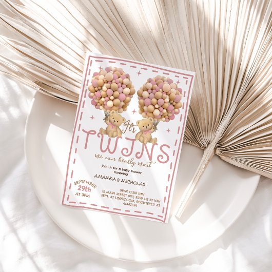 ツインズガールズベアーピンクバルーンベビーシャワー 招待状