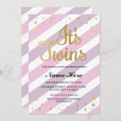ツインズガールズベビーシャワー金ゴールド&ピンク招待状 招待状 (正面/裏面)