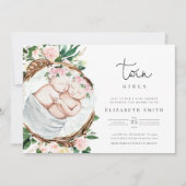 ツインズガールピンク花模様水彩ベビーシャワー 招待状 (正面)