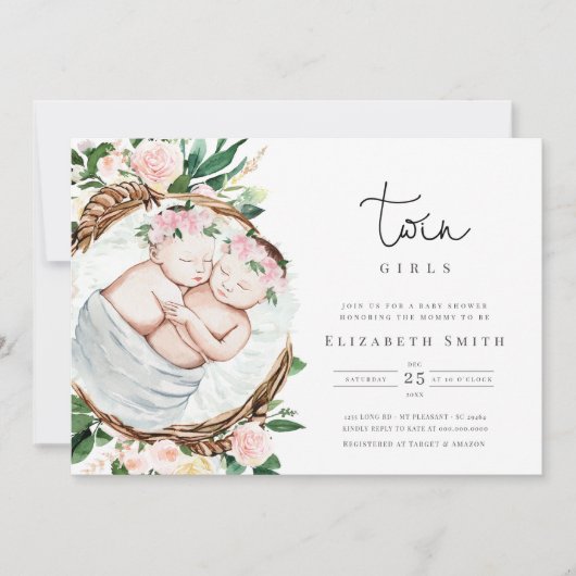 ツインズガールピンク花模様水彩ベビーシャワー 招待状 (正面)