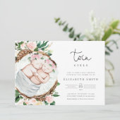 ツインズガールピンク花模様水彩ベビーシャワー 招待状 (スタンド正面)